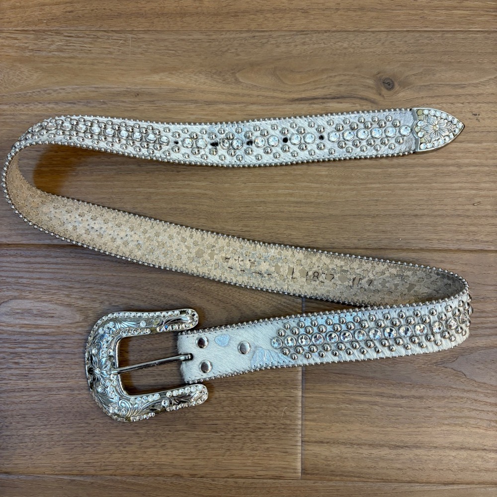 Vtg Y2K B.B. Simon Belt L Calf Hair Crystal Stud Western Buckle L1837 Bling 39"